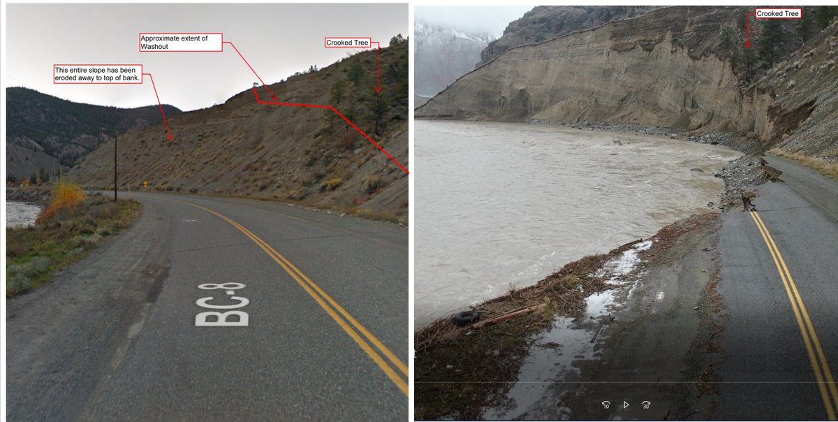 KamilKaramali's tweet photo. Another powerful before-vs-after shot of #Hwy8 near #MerrittBC.

The road is gone -- and what was once a gentle slope has turned into a steep cliff that drops directly into the river.

Image courtesy of Shackan Indian Band. #bcstorms #bcfloods @GlobalBC https://t.co/nacItzsWnn