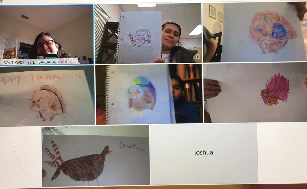 barbsouthwick's tweet photo. A little slow on the upload.  But celebrating Thanksgiving with a turkey drawing and turkey hokey pokey.  Thankful for all my families that make this asynchronous learning so successful. @eCollierAcademy https://t.co/M24ZRiqsnw