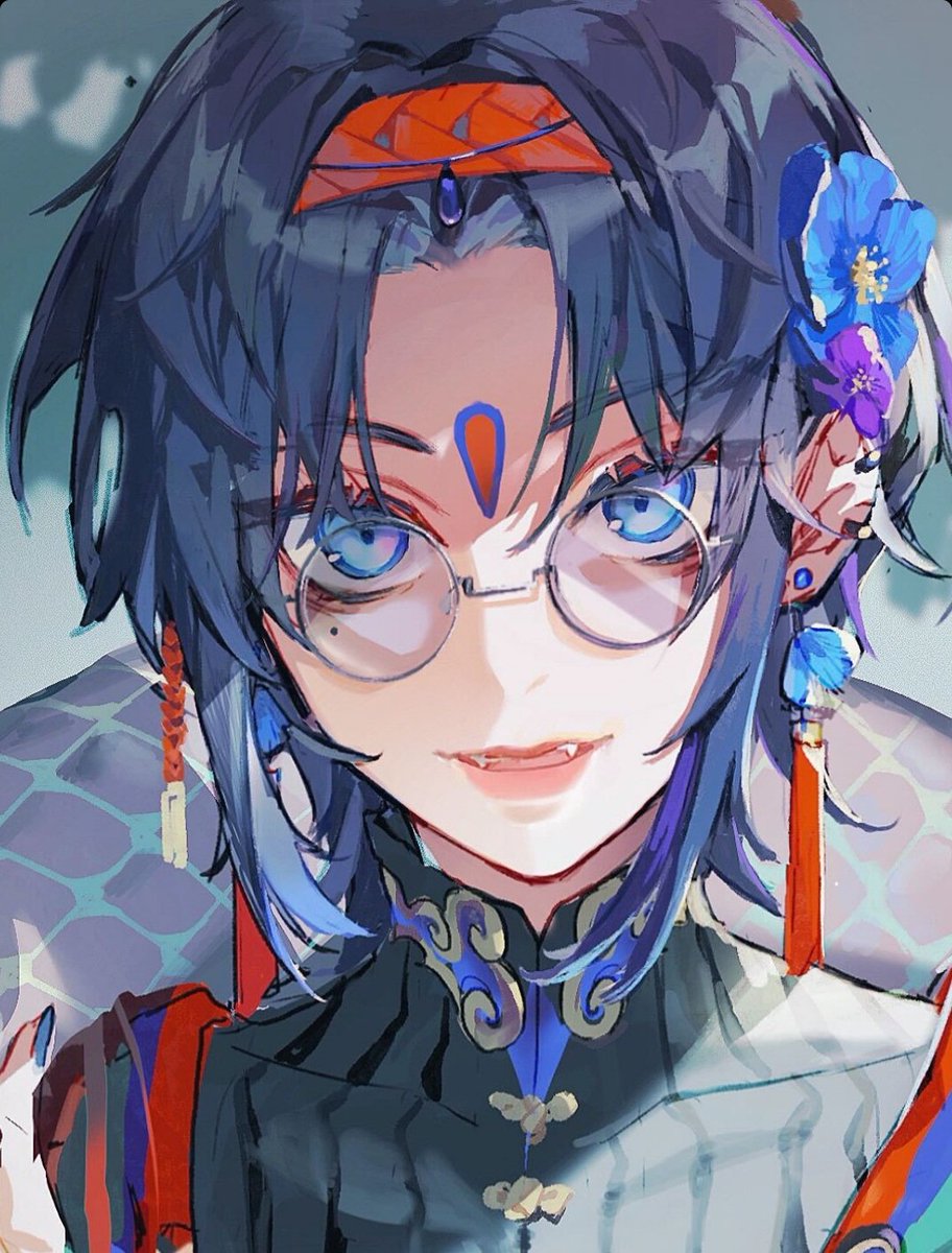 blue eyes solo glasses flower male focus jewelry 1boy  illustration images