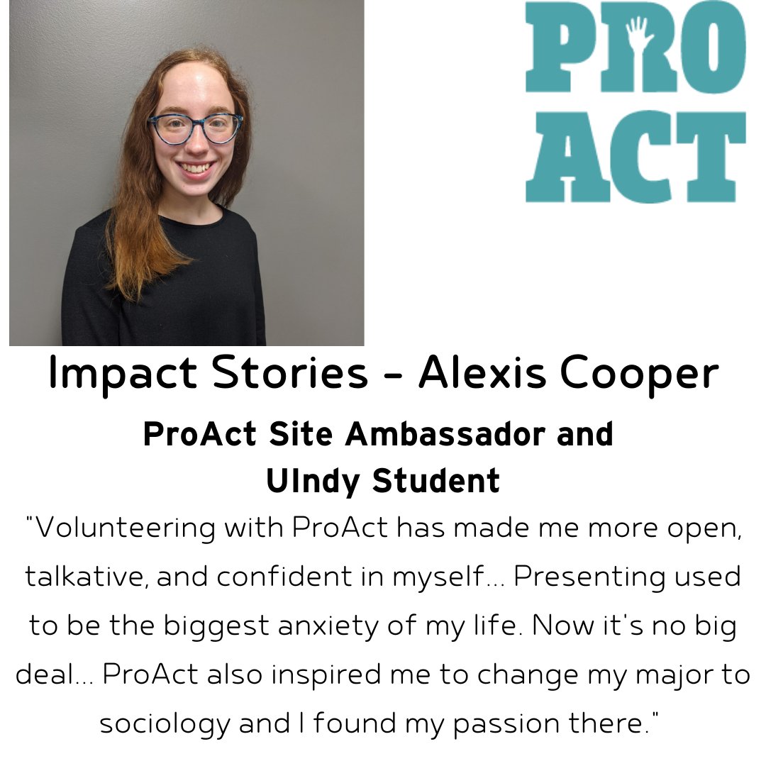 derrinslack's tweet photo. Next in our Impact Stories series is Alexis Cooper! As a Site Ambassador, Alexis volunteers with ProAct to help out with our many service projects. She also studies sociology at the University of Indianapolis. https://t.co/cxvNnUoliD