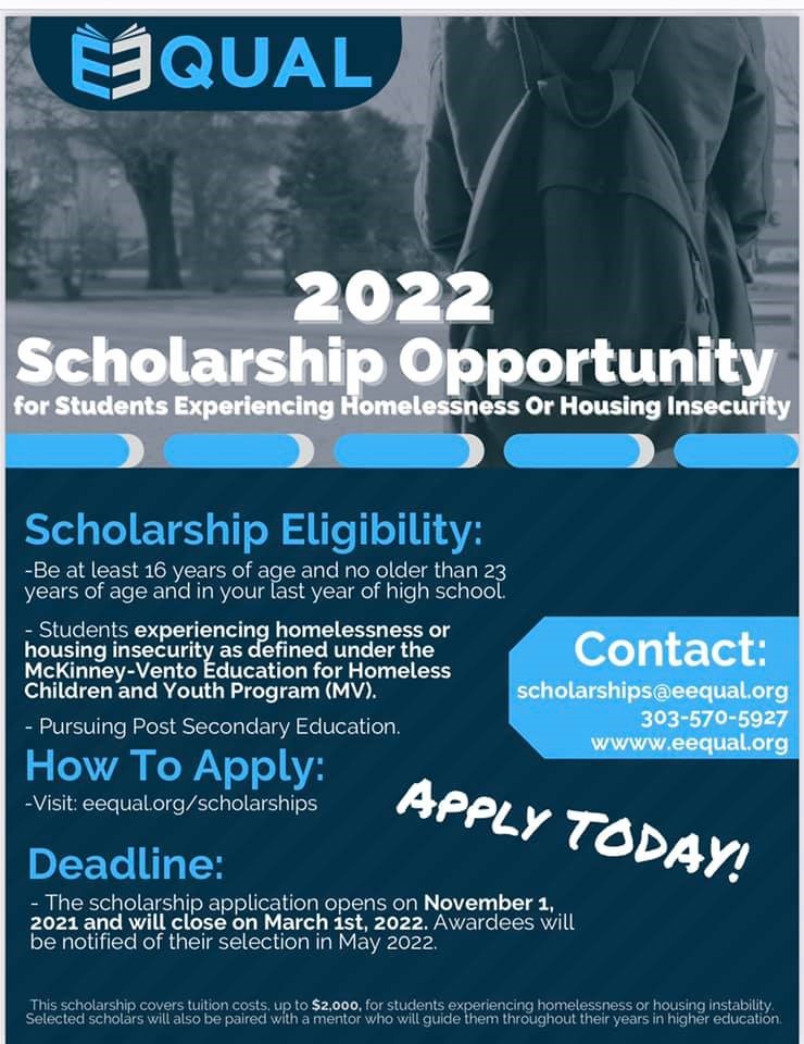 Apply today! The EEqual Scholarship Program is designed to highlight the incredible potential of young people in the US who struggle w/ homelessness, housing instability, or extreme poverty. Visit eequal.org for more info: #HealthierJC <a href="/eequalnonprofit/">EEqual</a> <a href="/JerseyCity/">City of Jersey City</a>