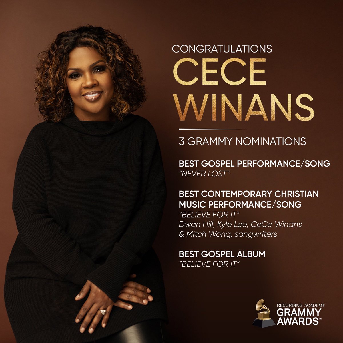 From Team CeCe: We would like to congratulate @cecewinans on her 3 Grammy Nominations. Also, we would like to thank everyone on her team that has contributed to this project in one way or another. We are grateful for you CeCe and wish everyone a Happy Thanksgiving! #grammys