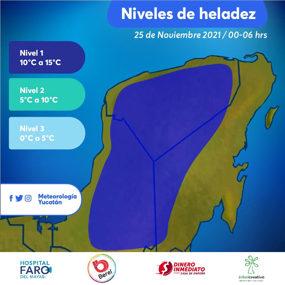 ClimaYucatan's tweet photo. AVISO DE HELADEZ ❄️☔ 
Para esta noche y amanecer de este jueves se presentará el nivel 1 de #heladez en las ciudades indicadas del gráfico, así como localidades aledañas. 
¡Abríguense bien! 🧤🧣 
Más detalles en estos gráficos: https://t.co/6SmsYNHXyW