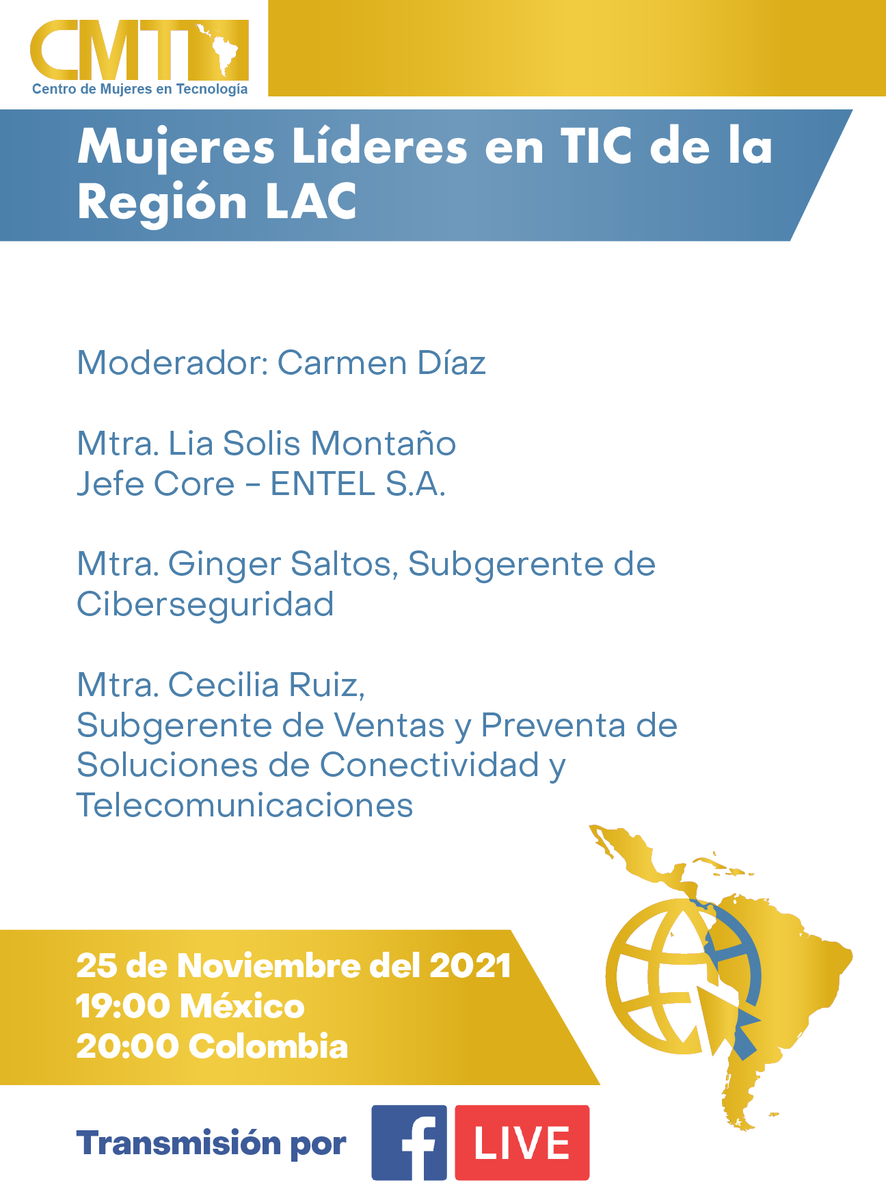 LAC_CMT's tweet photo. El CMT te invita a participar este 25 de noviembre en la Mesa Panel "Mujeres Líderes en TIC de la Región LAC".  

🗓25 de noviembre 2021
⏰ 19:00 hrs (Cd. México) - 20:00 hrs (Colombia)

Transmisión por Facebook LIVE 🔴 https://t.co/FZLSm2QPWw