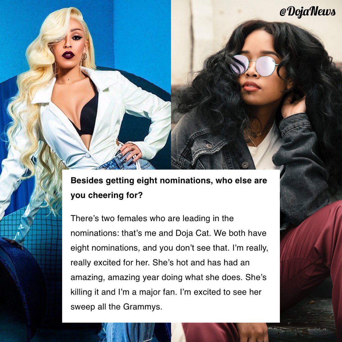 DojaNews's tweet photo. .@HERMusicx on being the most nominated female artist at the 2022 #GRAMMYs alongside @DojaCat 🥺💕 https://t.co/KhI5nCraWh