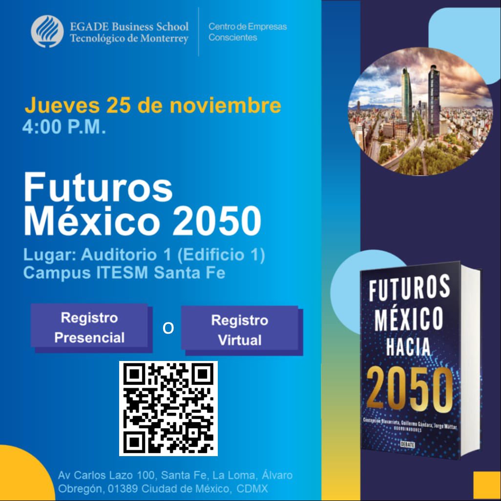jpmurra's tweet photo. Mañana Guillermo Gándara, profesor del @TecdeMonterrey, Concepción Olavarrieta y Jorge Máttar presentan su libro Futuros México 2050 en @egade Santa Fe. Comparten un diagnóstico de cómo se presentan en México los retos globales y un pronóstico enriquecido con visión de cambio. https://t.co/7uHeGqXeXw