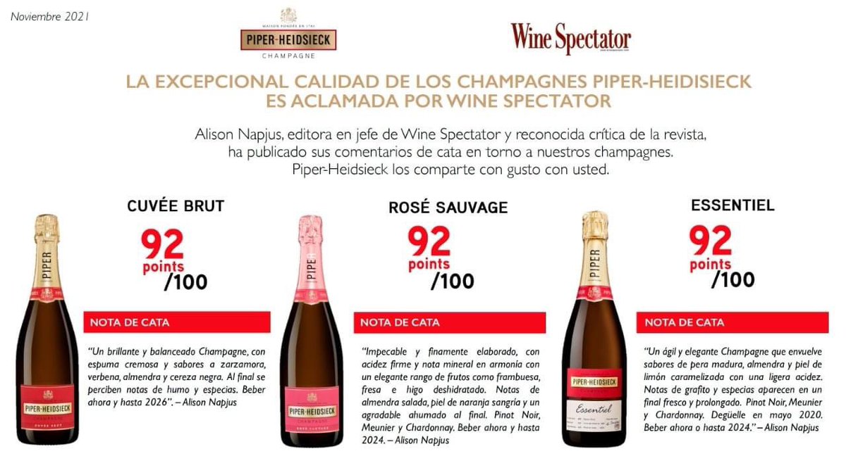 Les comparto con mucho gusto los comentarios de cata sobre la calidad de los champagnes @piperheidsieck de acuerdo con @WineSpectator 

#betterwithpiper #piperheidsieck #elcielovalledeguadalupe