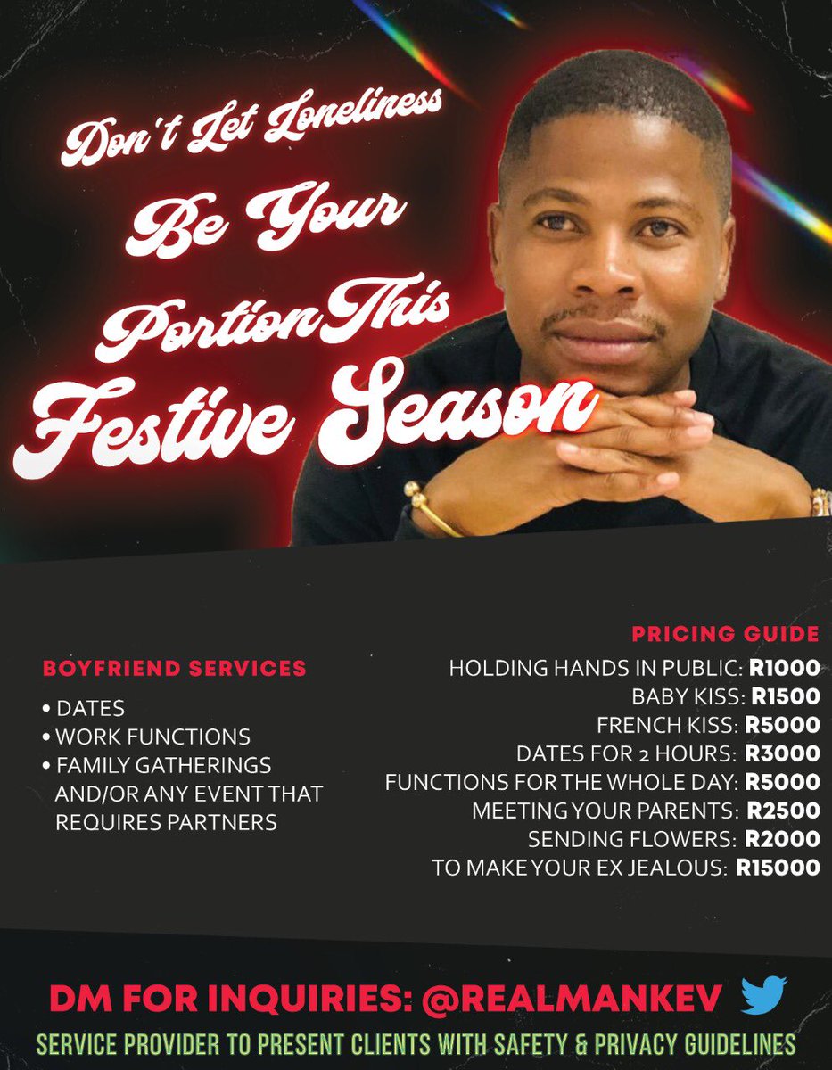 RealManKev's tweet photo. The wait is over, it is with great pleasure to inform you that I’m officially taking bookings. Ladies don’t let loneliness be your portion this festive season. For business inquiries send an email 📧 kevinbeyd@gmail.com or send me a DM #RentABoyfriendTFS https://t.co/xH9o0a2oIm