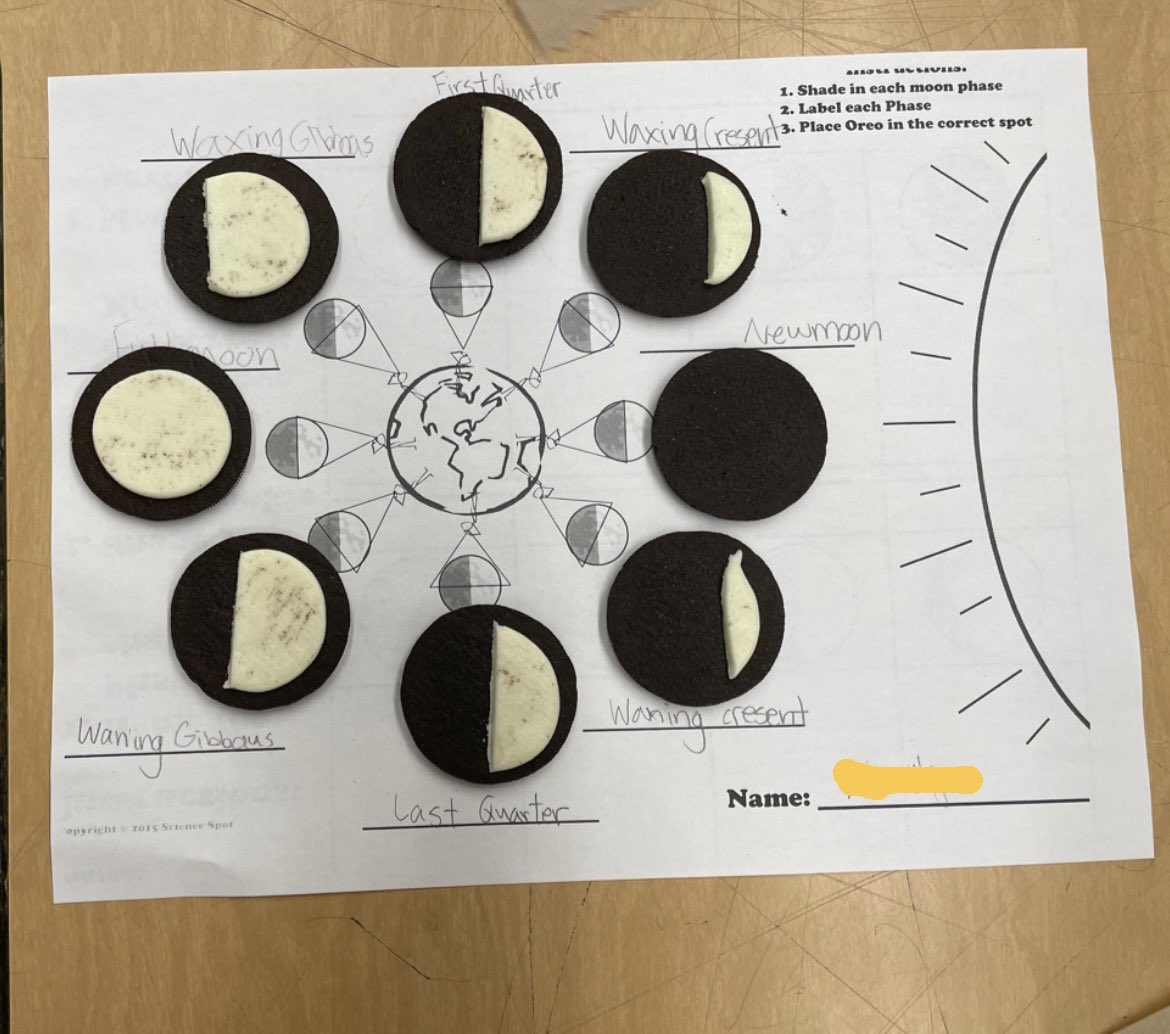 Some science fun today! Two activities I’ve been looking forward to doing for awhile 🤩 Grade 6 Sky Science phases of the moon demonstration and Oreo cookie “show me what you know” activity sheet.