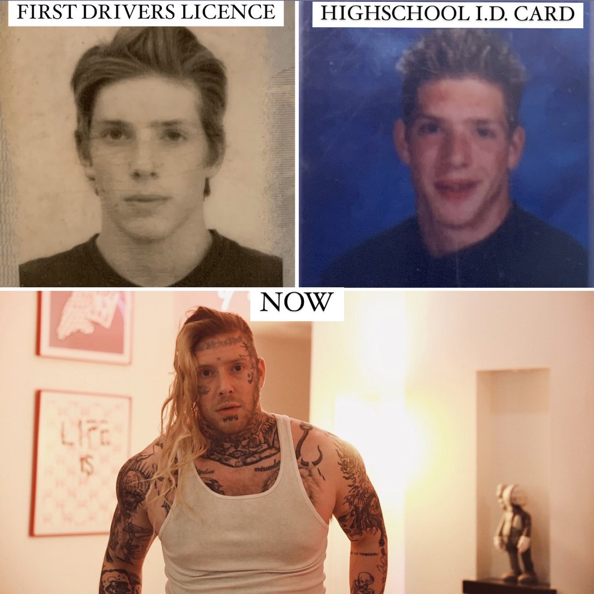 IAMTOMMACDONALD's tweet photo. So crazy 🤯 It looks like a lot has changed…but nothing really has. Few more tattoos. Longer hair. Couple more wrinkles. Physical changes tell a story but as different as it looks on the outside…the heart &amp; the drive on the inside remains the same. Trippy. Keep it movin y’all!! https://t.co/QZnqwv14lL