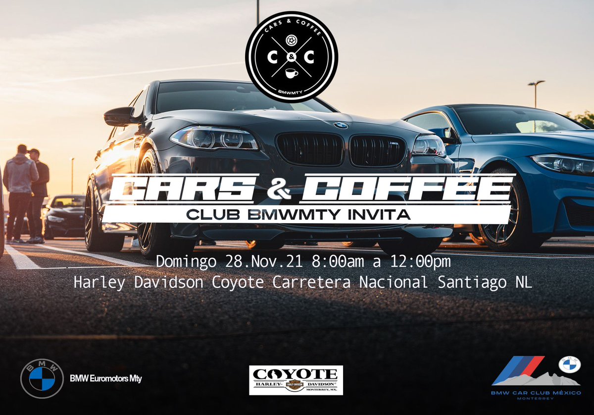 BMWCarClubMTY's tweet photo. 🚦CARS &amp; COFFEE 🚦

El club BMWMTY invita a acompañarnos en la reunion Cars &amp; Coffee y disfrutar de los autos la mañana del Domingo 28 de Noviembre de 8am a 12pm en la Harley Davidson Coyote en la carretera nacional en Santiago NL

Requerimos se nos confirme asistencia por MD. https://t.co/Aeo2joMf0X