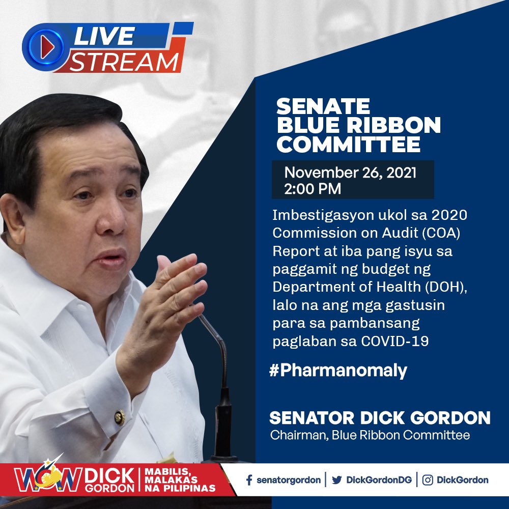 DickGordonDG's tweet photo. OJO! Muli nating subaybayan bukas, Nob. 26, sa ganap na 2:00 ng hapon ang pagpapatuloy ng pagdinig ng Senate Blue Ribbon Committee ukol sa pinasok ng gobyerno sa diumano'y maanumalyang pagbili ng kagamitang medikal para sa pagtugon natin sa pandemya. https://t.co/G3itfP1Z0b