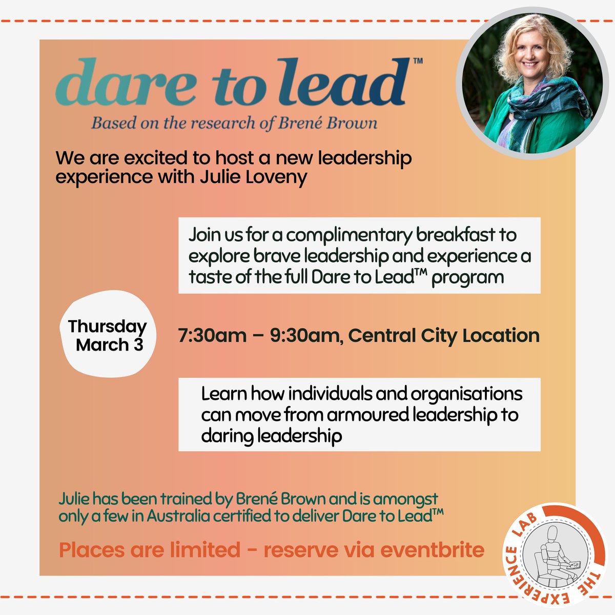theexplab's tweet image. Register your place for a complimentary Dare To Lead™ breakfast with Julie Loveny. Click here to reserve your spot: loom.ly/tU2248U