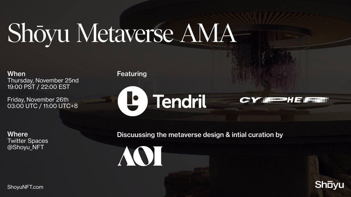Meet the team behind the Shōyu metaverse!

Ask anything to:
Visual Designers <a href="/studiotendril/">Tendril</a>
Sound Design Team @cypheraudio
Who will discuss the backstory behind this stunning virtual experience and its first curation, by @artoninternet

Set your alarms ⏰
x.com/i/spaces/1DXxy…