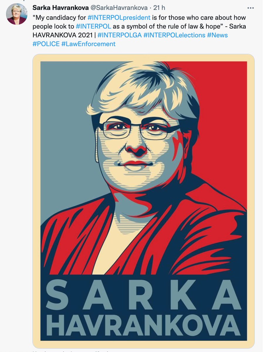 SarkaHavrankova's tweet image. "My candidacy for #INTERPOLpresident is for those who care about how people look to #INTERPOL as a symbol of the #ruleoflaw &amp;amp; #HOPE" - @sarkahavrankova