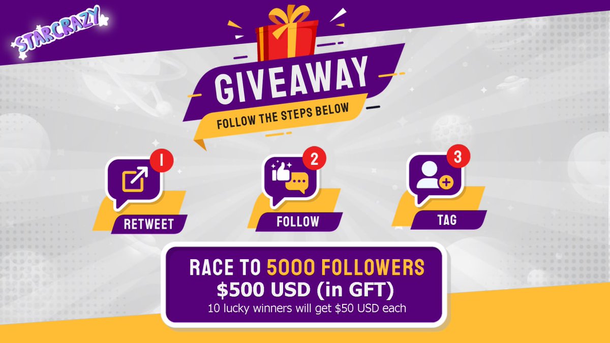 GameFantasyOfficial (@gamefantasyoffl) on Twitter photo #StarCrazy race to 5000 giveaway!!!🎉
As a token of gratitude to our community, we will be giving away $500 USD (in $GFT) to 10 lucky winners who likes, retweet, tag at least 3 friends and follow <a href="/StarCrazyGame/">Game Fantasy Token 🌍🌟</a>.
Winners will be announced after we reach 5000 followers.
#GameFi #StarCrazy race to 5000 giveaway!!!🎉
As a token of gratitude to our community, we will be giving away $500 USD (in $GFT) to 10 lucky winners who likes, retweet, tag at least 3 friends and follow <a href="/StarCrazyGame/">Game Fantasy Token 🌍🌟</a>.
Winners will be announced after we reach 5000 followers.
#GameFi