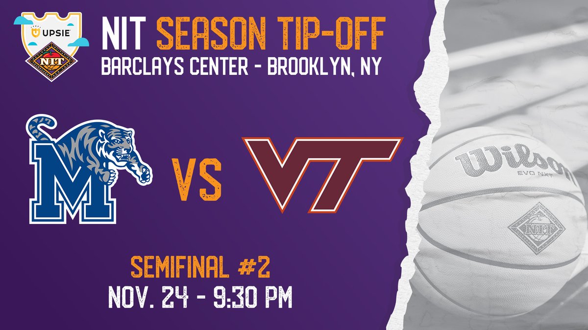 NITTipOff's tweet photo. Our second semifinal is underway on ESPN2! No. 9 @Memphis_MBB and @HokiesMBB are battling for a spot in Friday's championship game #NITTipOff @UpsieHQ https://t.co/9RdjcVyZ7X