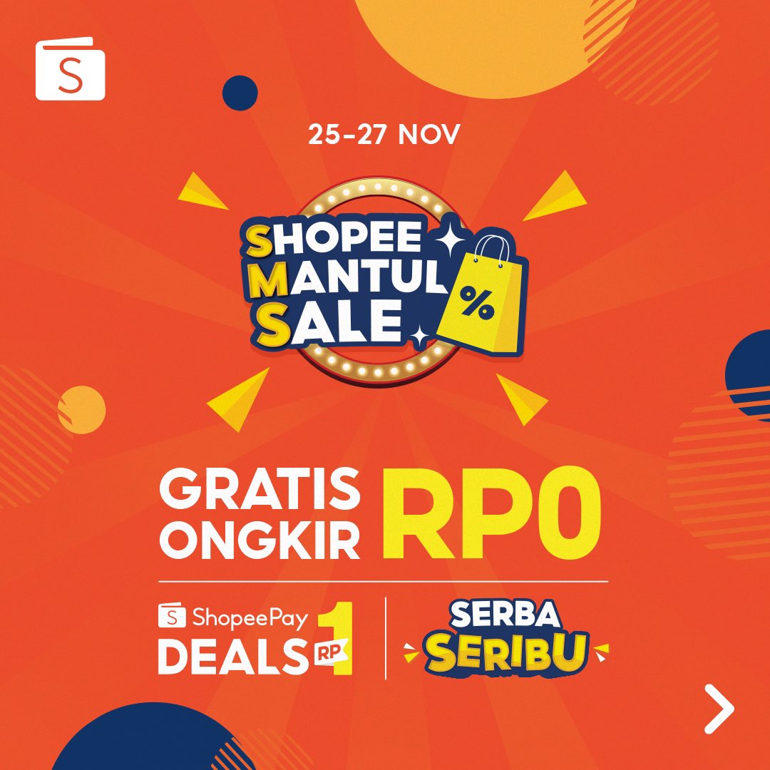 ShopeePay_ID's tweet photo. Awal gajian waktunya selebrasi dengan promo #SHOPEEMANTULSALE!
Cuma sampai 27 NOVEMBER, ada promo GRATIS ONGKIR RP0, voucher SHOPEEPAY DEALS RP1, dan SERBA SERIBU di berbagai merchant favoritmu.๐คฉ
Cek detailnya di https://t.co/D7nTFYRx58 yaa. ๐ฅฐ
#ShopeeMantulSale #ShopeeSMS https://t.co/0YzBbrTsd6