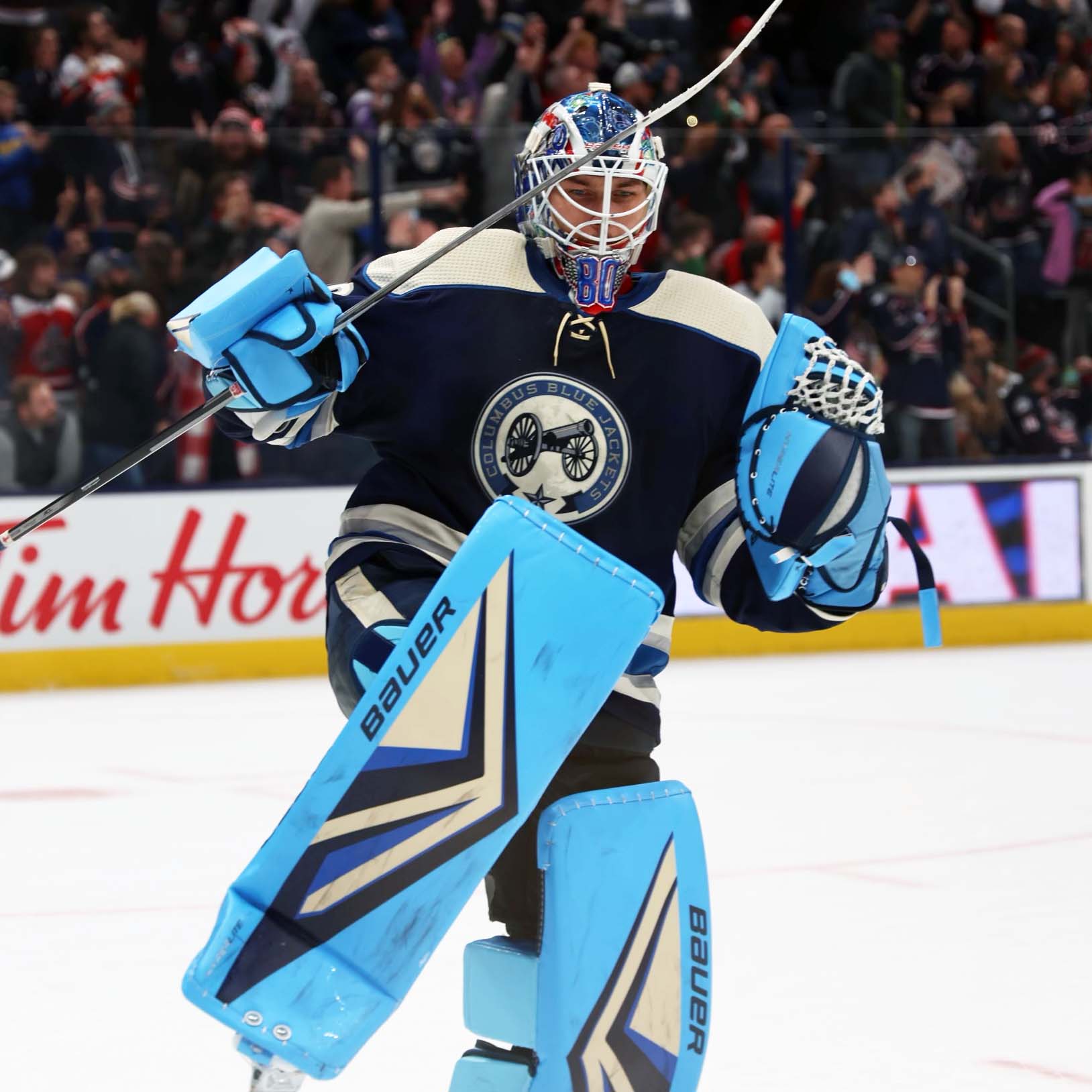 Elvis Merzlikins' blue pads: Blue Jackets goalie debuts new fashion