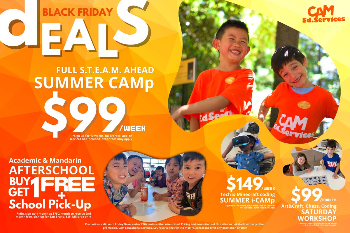 CAMEdServices's tweet image. Ready to kick off the holidays? The CAM Black Friday Sale starts now! Save big when you enroll for any of the CAM programs!
Sign up for the Summer CAMp starting at $99 per week! 
Enroll at camducation.com before the deal expire!
#summercamp #BlackFridayDeals #afterschool