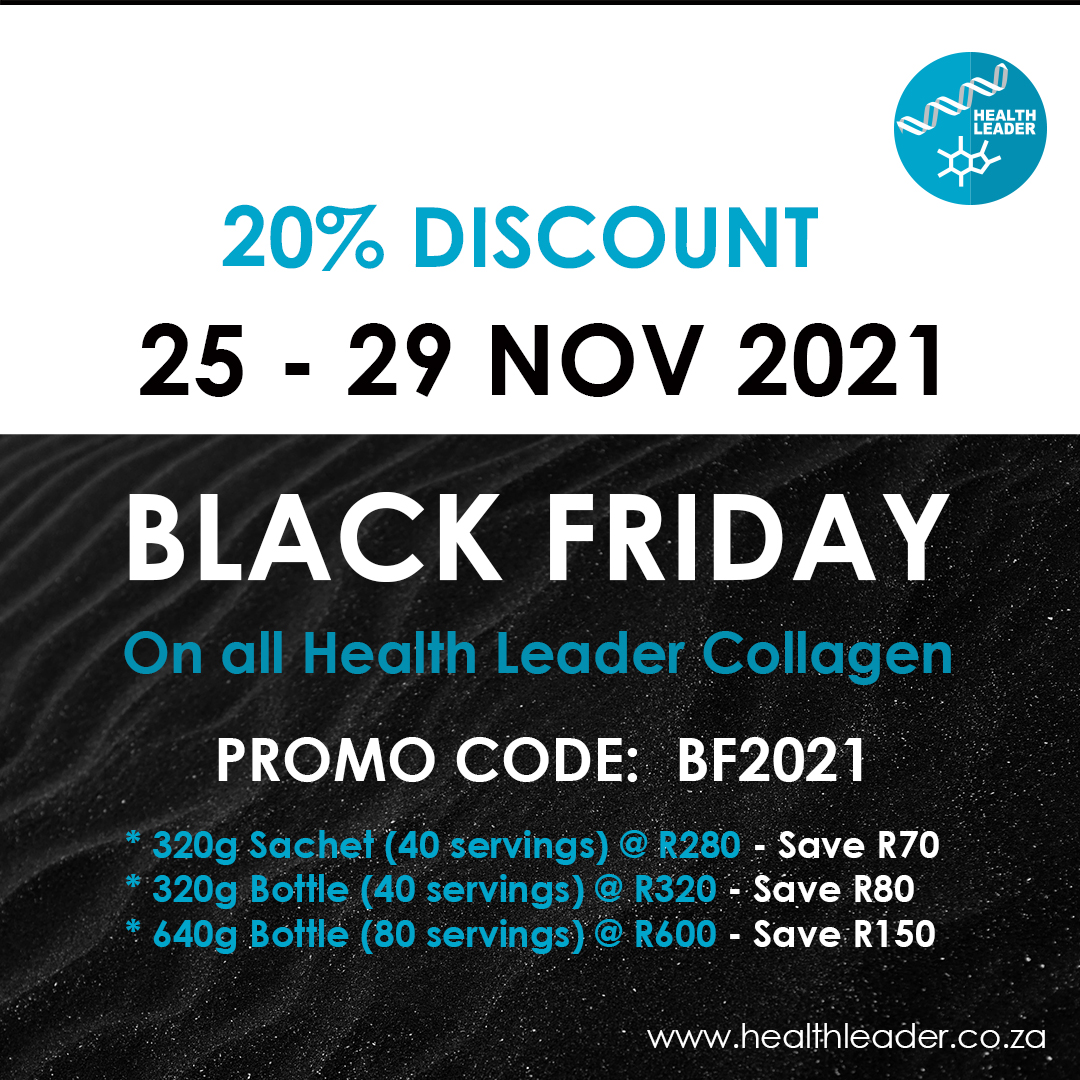 HealthLeaderSA's tweet photo. BLACK FRIDAY IS HERE - SAVE A WHOPPING 20% 

Discounted Rate:
▪  320g Refill Sachet (40 servings) Now R280 
▪  320g Bottle (40 servings) Now R320  
▪  640g Bottle (80 servings) Now R600 

👉 https://t.co/HCK7MUuOu4 
PROMO CODE: BF2021
Rep Code: LEE1

#collagen #SouthAfrica https://t.co/MBVkOA6xOX