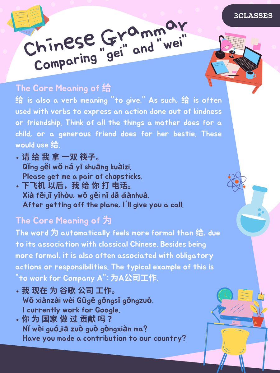 3Classes_com's tweet photo. Comparing "gei" and "wei" 🕵
Both 给 and 为 can mean "for." They seem to be arbitrarily assigned to different verbs, and to make matters worse, some verbs (but not all!) can use either one. https://t.co/WbcbGFMeDm