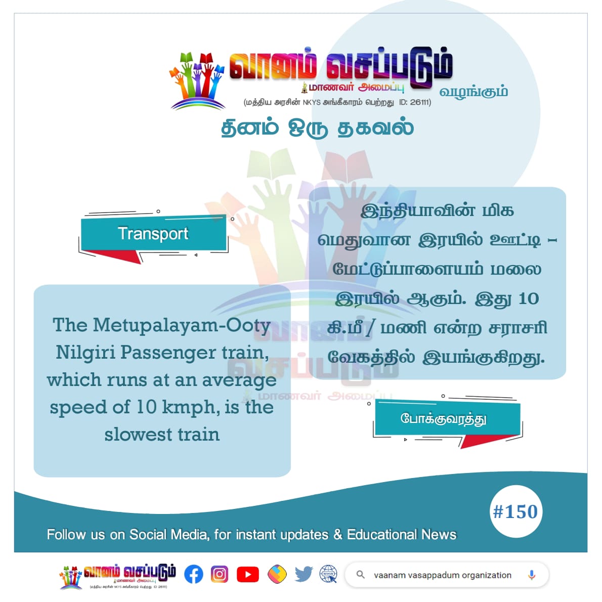 Vanamvasappatum's tweet photo. தினம் ஒரு தகவல் #150
#தகவல் #வானம்வசப்படும் #தமிழ் #knowthefacts #Facts #factsoflife #FactsMatter #DidYouKnow #doyouknow #dailyfacts #factsdaily #November25
#TNstudents #thagaval #vaanamvasappadum #TNSTC #போக்குவரத்து #பேருந்து #Transportation
Follow
https://t.co/qu2uztqpIy https://t.co/iCeGI8N9a3