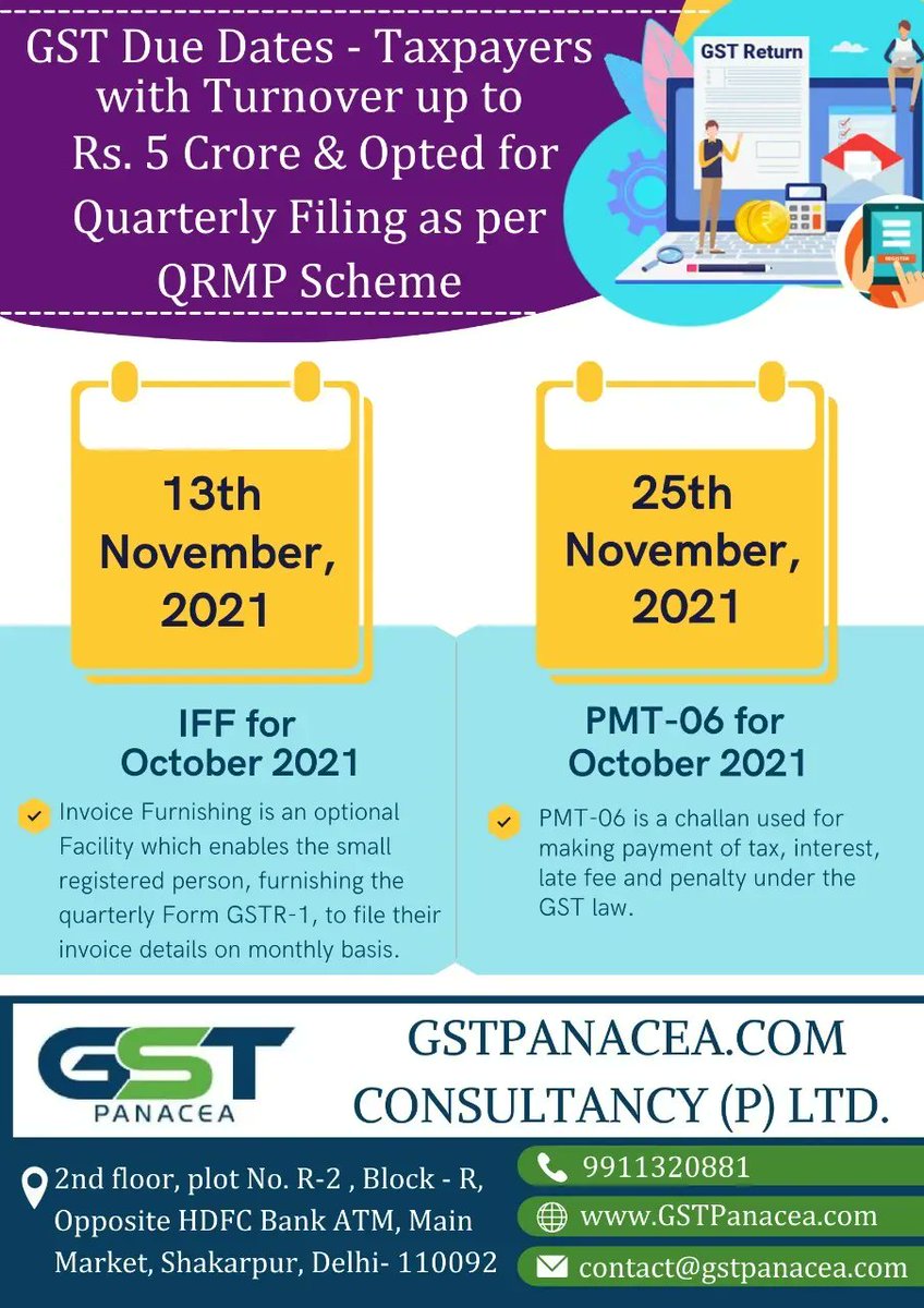 GST Due Dates - Taxpayers with Turnover up to Rs. 5 Crore & Opted for Quarterly Filing as per QRMP Scheme 

#gst #duedates #taxpayers #qrmp #quarterlyfiling