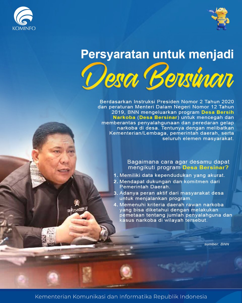 DitjenKPM's tweet photo. Hai SobatKom! Untuk memberantas penyalahgunaan #narkoba di desa, ada program #DesaBersinar lho dari BNN. Bagaimana caranya agar suatu desa dapat ikutan program ini? Simak ya persyaratannya.
#GPRKominfo #infokompmk #WaronDrugs #HidupSeratusPersen @INFOBNN https://t.co/1Z4I8yuqos