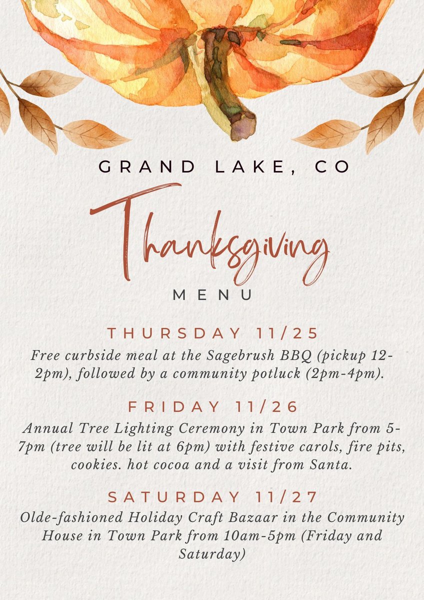 GrandCoSheriff's tweet photo. 🍂 Still looking for Thanksgiving plans this week? The Town of Grand Lake has a full menu of holiday events to be thankful for 🦃

#Thanksgiving #GrandLake #GrandLakeStrong #GrandCounty #GrandCountyColorado #GrandCountyStrong #ExploreGrand #GOGrand #WeAreGrand https://t.co/hFy5uplngM