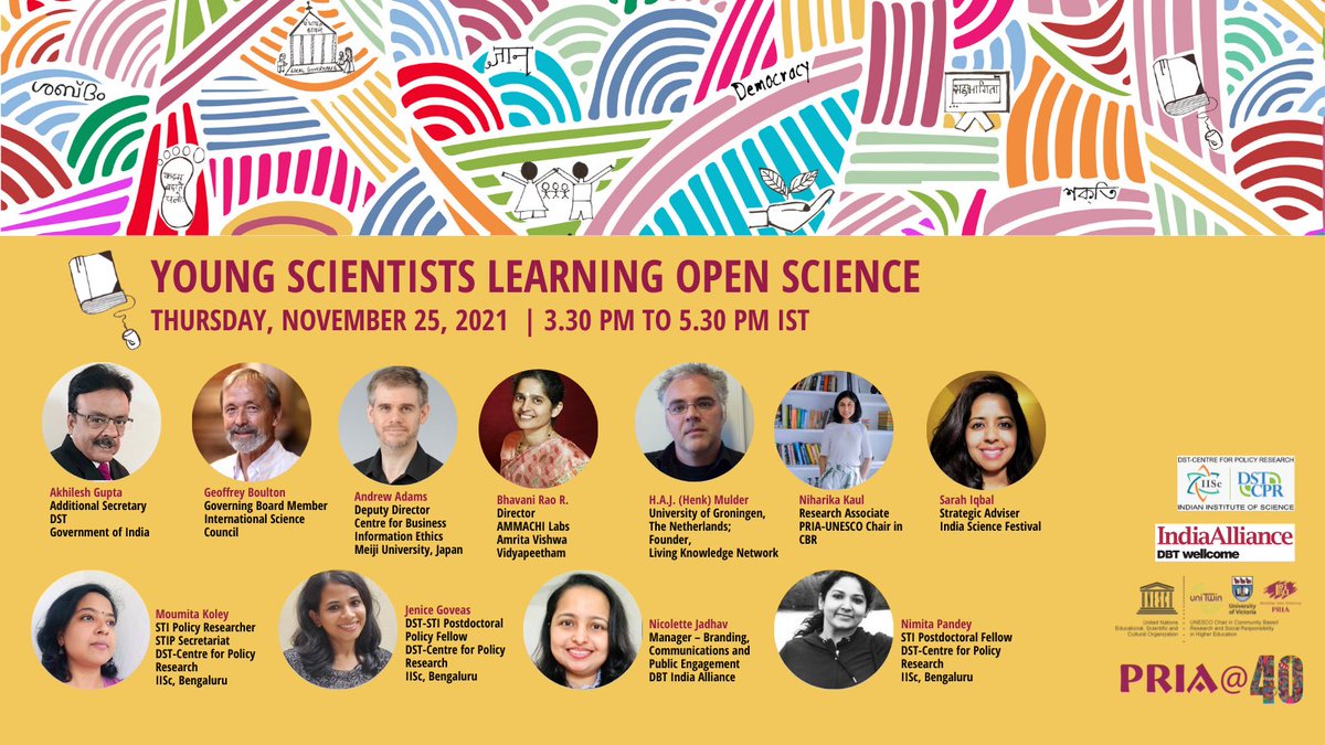 PRIA_India's tweet photo. Only a few hrs to go!! Register for today’s PRIA@40 Conversation on ‘Young Scientists Learning Open Science’ today at 3:30 pm IST here https://t.co/GP1kVQ1Gl1 @UNESCOchairCBR @bhavani_rrao @DSTCPRIISc @openscience @IITGuwahati @IITKgp @AIUIndia @ugc_india @RTandon_PRIA @buddhall https://t.co/Pev39LEC5I