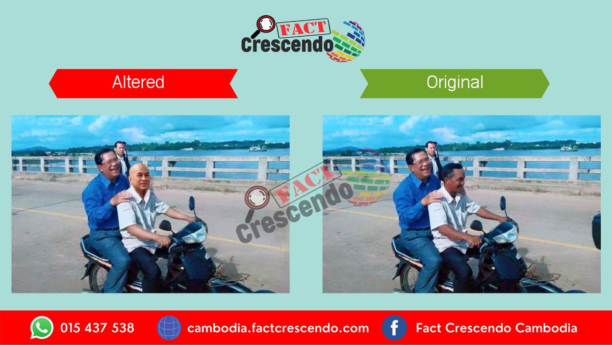 FactCrescendoKH's tweet photo. This photo factually was when Cambodian prime minister, Hun Sen, missed wearing a helmet when riding a motorbike with local people nearby Koh Kong bridge on June 17, 2016.

#FactCheck #Factcrescendo #Hunsen #Sihamoni #Cambodia https://t.co/MnZTJ3gXuA