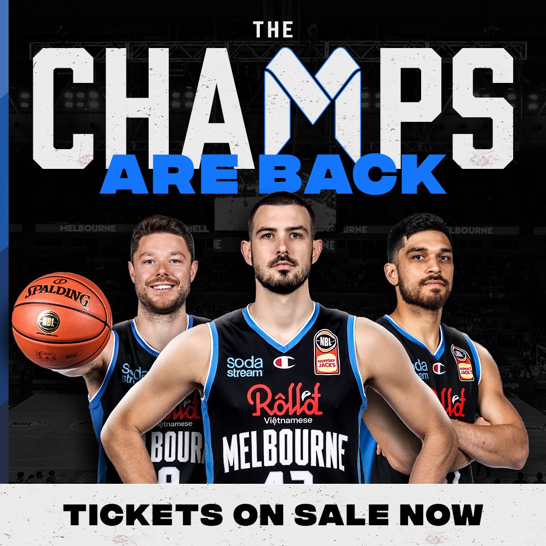 MelbUnited's tweet photo. THE CHAMPS ARE BACK! Tickets are now on sale now.

🎟 Game 1 v SEM:  https://t.co/klbGgKcP6W
🎟 Game 2 v SYD:   https://t.co/jv0e3M4UuN
🎟 Game 3 v NZ:  https://t.co/n9ax8rhAA3

Become a Member &amp; get access to 14 home games for the price of up to 8: https://t.co/ivBF02ks9M https://t.co/HUypwUfT2x