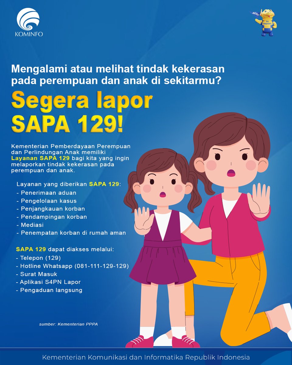 DitjenKPM's tweet photo. Hai SobatKom! Jangan ragu untuk melapor bila mengalami atau melihat kekerasan pada perempuan dan anak di sekitarmu. Laporkan ke #SAPA129. Jangan khawatir, layanan ini bersifat rahasia dan tidak dipungut biaya.
#GPRKominfo #infokompmk #PerempuanBerdaya #AnakTerlindungi @kpp_pa https://t.co/Qk5eJ9Jmgv