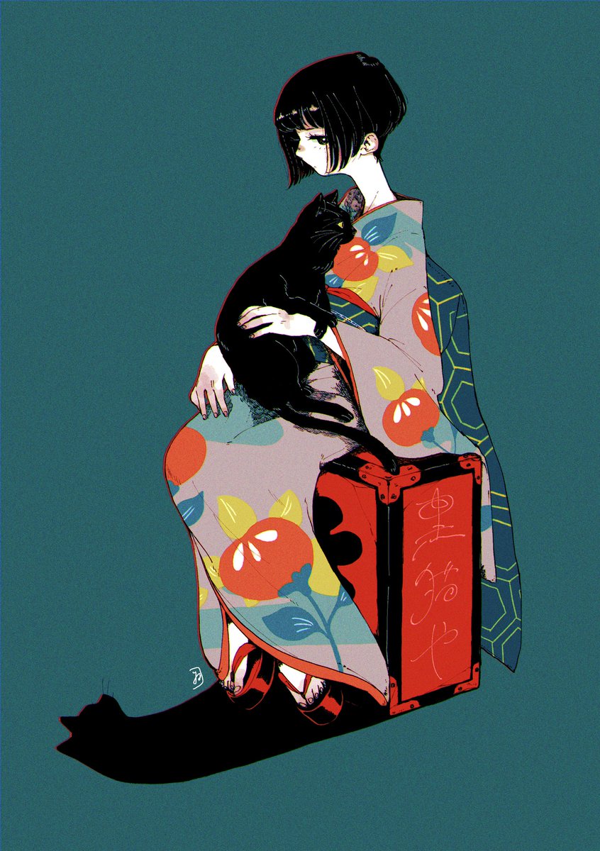 1girl japanese clothes kimono black cat cat black hair short hair  illustration images