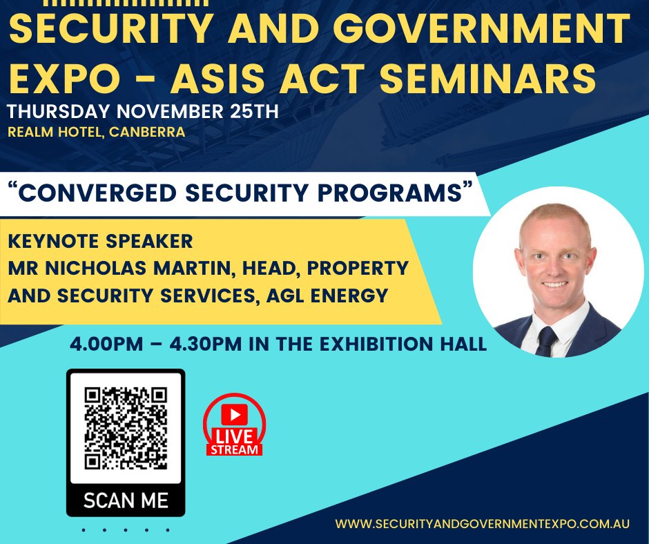 asisact's tweet photo. 1600 today. KEYNOTE SPEAKER Mr Nicholas Martin, Head, Property and Security Services, AGL Energy on 
“Converged Security Programs”
https://t.co/6NIuxbq4Lo #security #securitymanagement #asisact #myasis https://t.co/hF3O2tcU9e