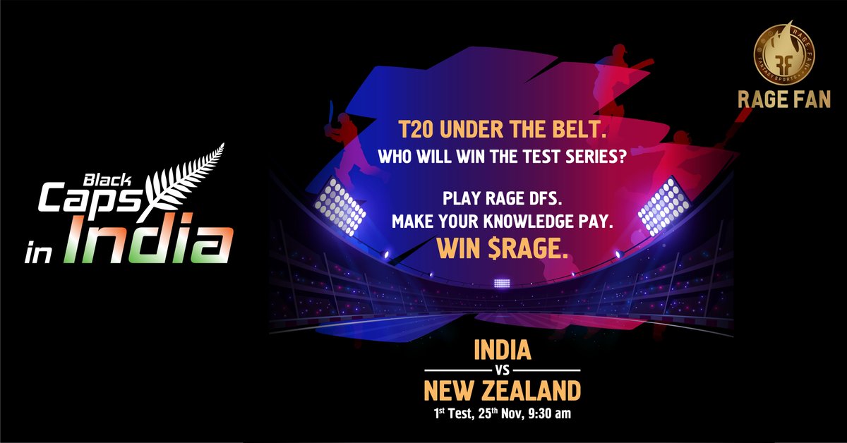 RageFanSocial's tweet photo. The 1st of the 1st Test between New Zealand & India starts today. From the Slam Bang to Slow & Steady wins the game. Who will win? Who will get a hundred? Pick your team. Win $RAGE. Download App now.
.
.
#RageFan #Rage #WinRage #EPL #IndiaVsNewZealand https://t.co/dGd1Wg95zZ
