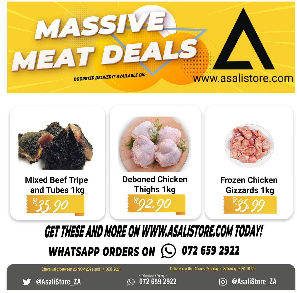 AsaliStore_ZA's tweet photo. South Africans are spending R300 more on monthly grocery. Get A grade meat on our online grocery store and save extra coins.  

#Food #Onlinegrocery #Onlineshopping #freshfood #freshmeat #vegetables #fruit #onlinestore #dailysavings #foodrecipe #recipe #dailysavings #infothursday https://t.co/JZXczE4pA1