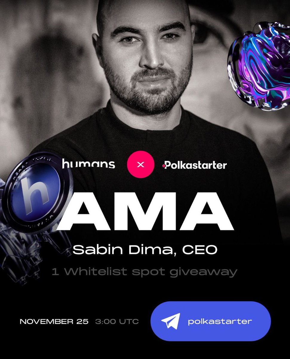 humansdotai's tweet photo. 📣 HUMANS FIRST EVER AMA IS HERE 📣 

TODAY, Nov. 25TH - 3PM UTC, Hosted by Polkastarter 🎉

Join https://t.co/a1YRwGXiSY CEO, Sabin Dima to learn about the https://t.co/8UqzOtrnZo platform &amp; its future roadmap. 

🚀 See you all there: https://t.co/9GpNC3eVCF https://t.co/4zuFECB2w7