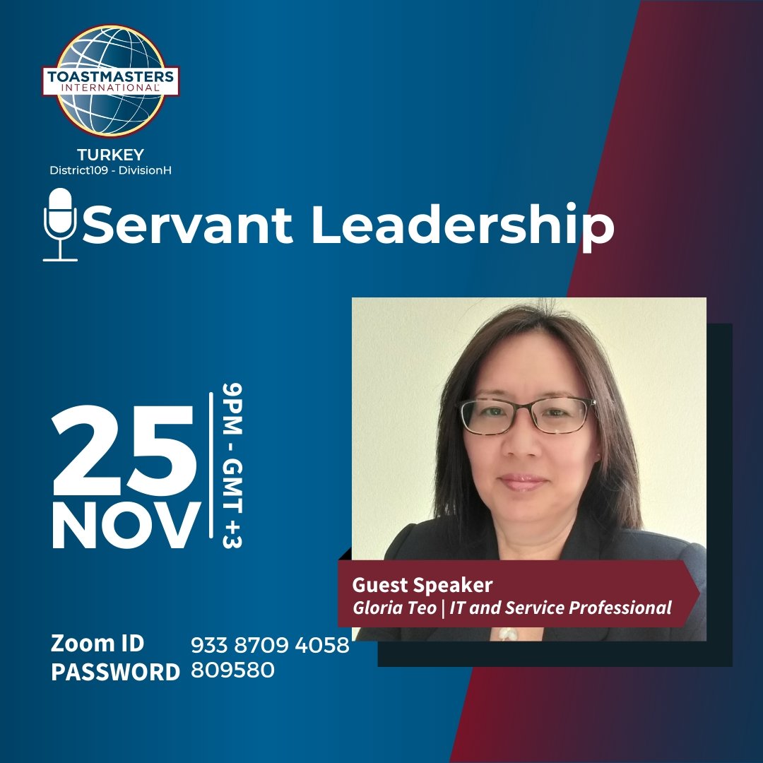bosphorustoast1's tweet photo. Dear fellow Toastmasters and dear distinguished guests,
District 109 Division H kindly invites you "Servant Leadership" workshop on November 25, 2021 at 21:00.
Zoom ID: 93387094058
Password: 809580
#bosphorustoastmasters
#toastmastersinternational
#District109
#DivisionH https://t.co/UHHM7nA3BF