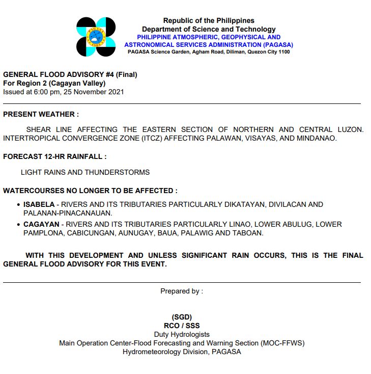 PAGASAFFWS's tweet photo. General Flood Advisories (GFA's)
Issued at 6:00 PM, 25 November 2021
REGION 2 (CAGAYAN VALLEY) - #4FINAL
REGION 9 (ZAMBOANGA PENINSULA) - #2
REGION 11 (DAVAO REGION) - #2
REGION 13 (CARAGA REGION) - #2 https://t.co/5G2X3vtYSI