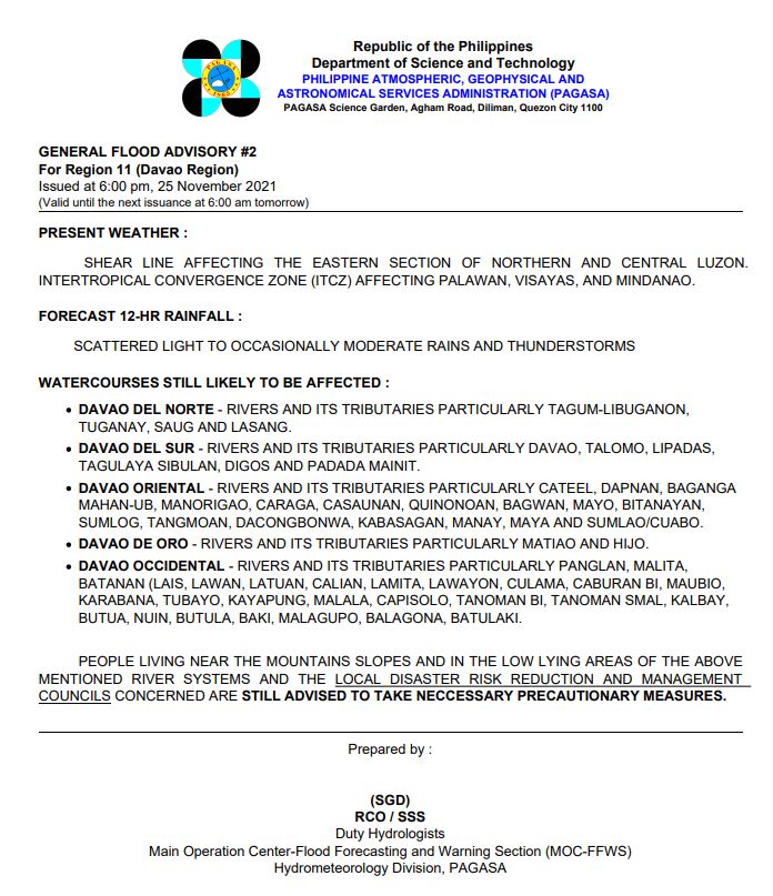 PAGASAFFWS's tweet photo. General Flood Advisories (GFA's)
Issued at 6:00 PM, 25 November 2021
REGION 2 (CAGAYAN VALLEY) - #4FINAL
REGION 9 (ZAMBOANGA PENINSULA) - #2
REGION 11 (DAVAO REGION) - #2
REGION 13 (CARAGA REGION) - #2 https://t.co/5G2X3vtYSI