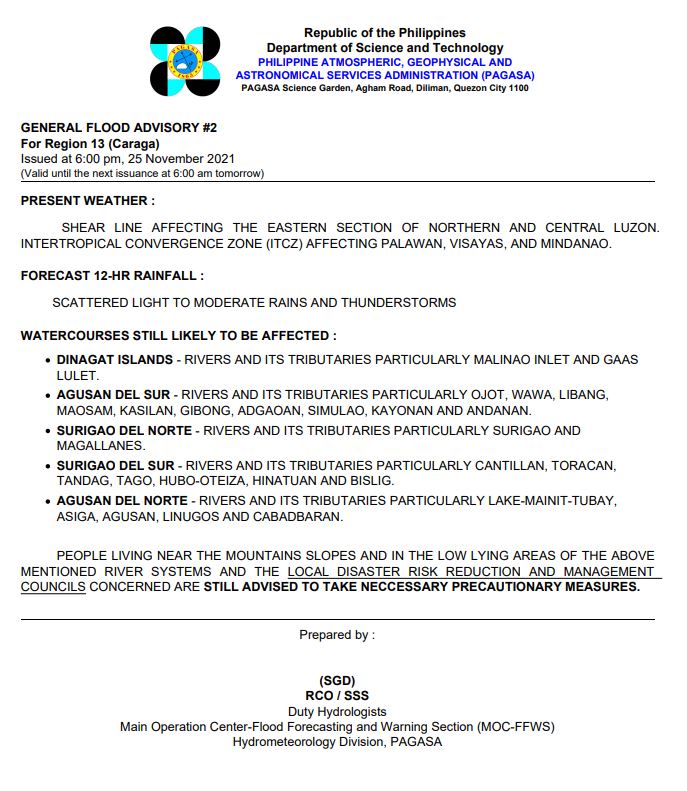 PAGASAFFWS's tweet photo. General Flood Advisories (GFA's)
Issued at 6:00 PM, 25 November 2021
REGION 2 (CAGAYAN VALLEY) - #4FINAL
REGION 9 (ZAMBOANGA PENINSULA) - #2
REGION 11 (DAVAO REGION) - #2
REGION 13 (CARAGA REGION) - #2 https://t.co/5G2X3vtYSI