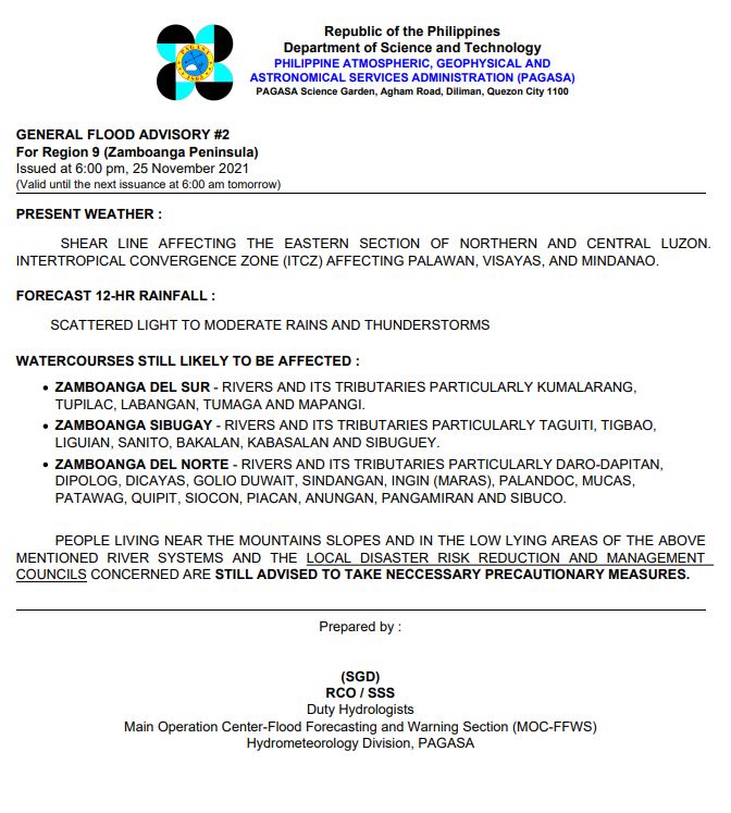 PAGASAFFWS's tweet photo. General Flood Advisories (GFA's)
Issued at 6:00 PM, 25 November 2021
REGION 2 (CAGAYAN VALLEY) - #4FINAL
REGION 9 (ZAMBOANGA PENINSULA) - #2
REGION 11 (DAVAO REGION) - #2
REGION 13 (CARAGA REGION) - #2 https://t.co/5G2X3vtYSI