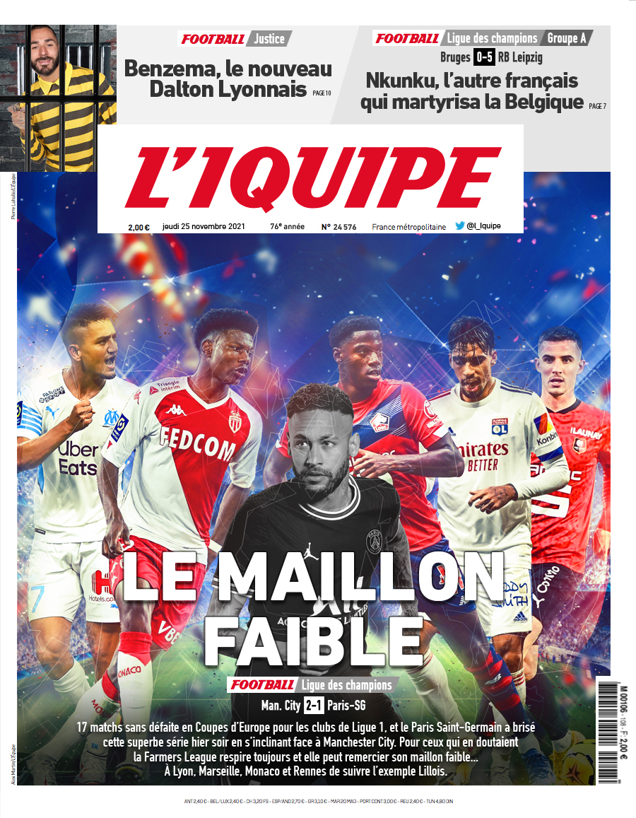 L_iquipe's tweet photo. Voici la une du journal L'Iquipe du jeudi 25 novembre : 

- #MCIPSG : Paris, tueur de stats
- #Benzema : Les Daltons se renforcent
-  #BRURBL : Leipzig atomise Bruges

#UCL #TeamPSG #liguedeschampions #UEL #UECL  #EuropaLeague https://t.co/FIIv2bSQeT