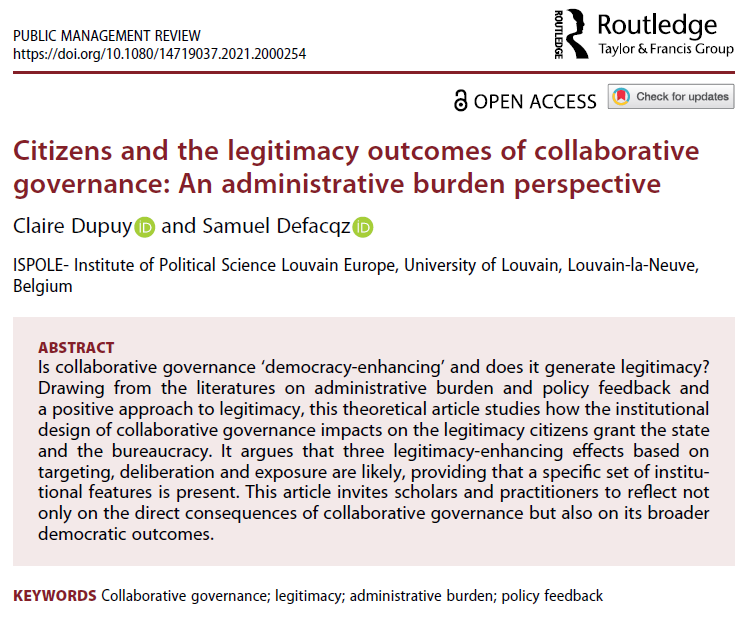 New publi co-authored w/ Claire Dupuy (@UCLouvain_be): a theoretical article bridging different streams of lit to analyze the legitimacy outcomes of #CollaborativeGovernance for citizens. Out in <a href="/PMReview_/">Public Management Review</a>
#OpenAccess on RG: researchgate.net/publication/35…
Or: dx.doi.org/10.1080/147190…