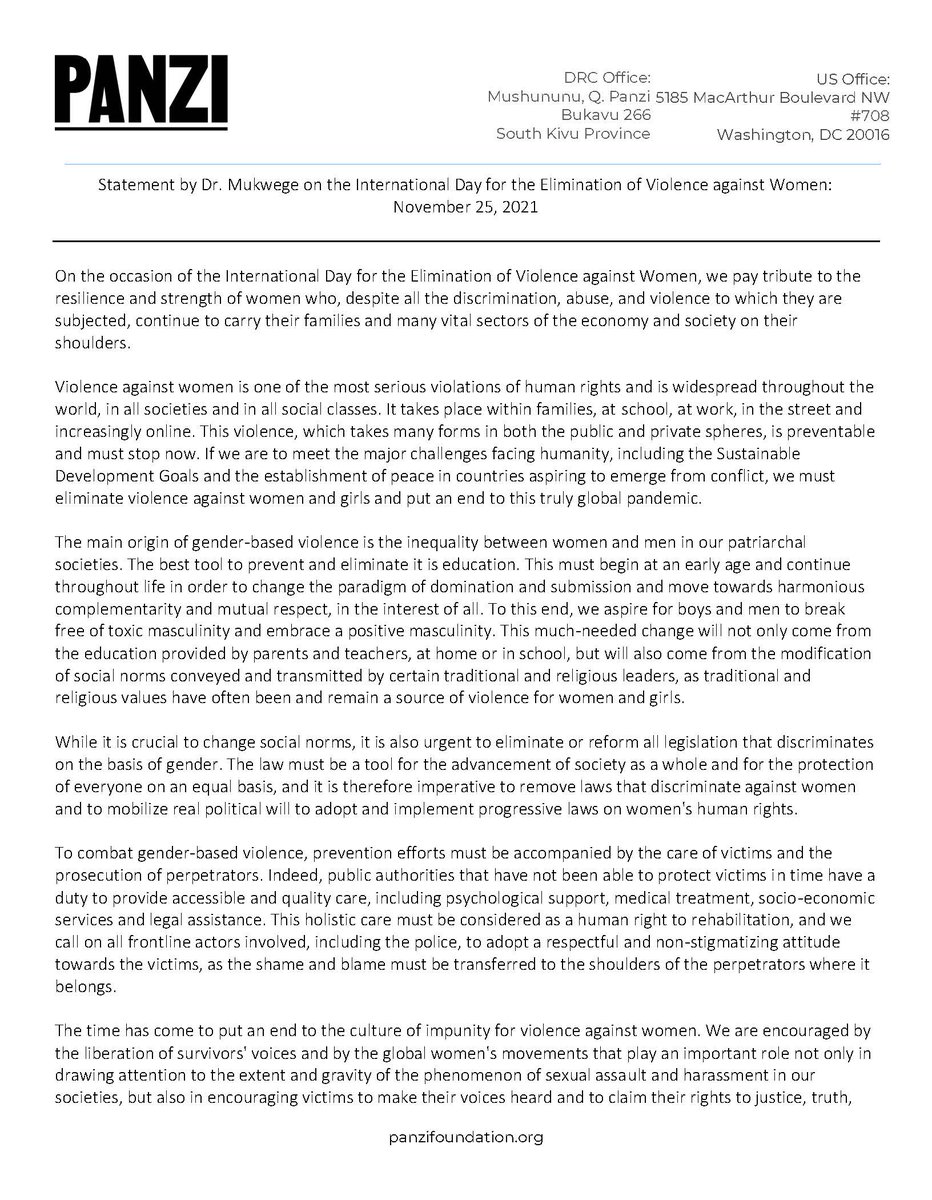 DenisMukwege's tweet photo. #25Nov: in order to fight violence against women, prevention efforts must be accompanied by holistic care for victims and prosecution of the aggressors! Let's break the silence; let's end the culture of impunity! https://t.co/4oM8x7uXTK