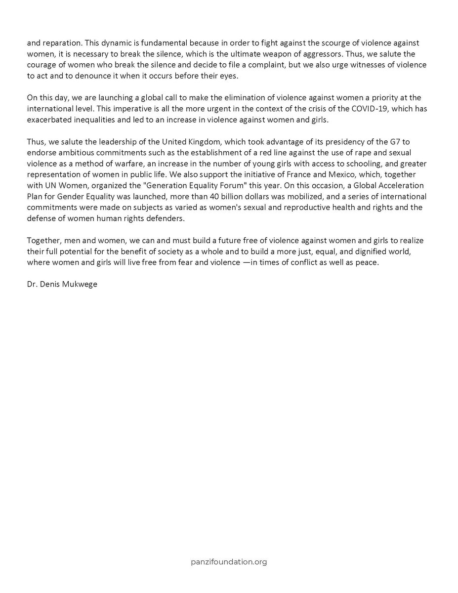 DenisMukwege's tweet photo. #25Nov: in order to fight violence against women, prevention efforts must be accompanied by holistic care for victims and prosecution of the aggressors! Let's break the silence; let's end the culture of impunity! https://t.co/4oM8x7uXTK