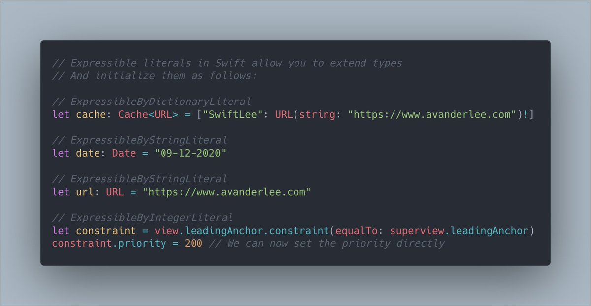 twannl's tweet photo. A few useful examples I could think of! 
https://t.co/y63BnvSDBD

How do you use literals in Swift?

#swiftlang #iosdev https://t.co/XVXfk0pCIJ