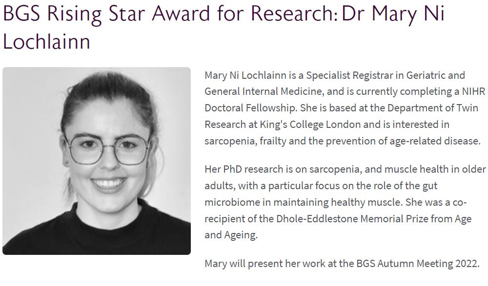 tilda_tcd's tweet photo. Congratulations to Dr @maryniloc on winning the @GeriSoc BGS Rising Star Award for Research &amp; Clinical Quality! This award is given in recognition of young doctors, nurses &amp; AHPs who make exceptional contributions to gerontological healthcare early in their career.Well done Mary! https://t.co/CWEFKaCvjj